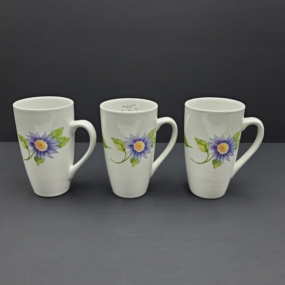 Pfaltzgraff Emma Tall Latte Mugs White Coffee Mugs Purple Pink Floral Flowers - Picture 3 of 10